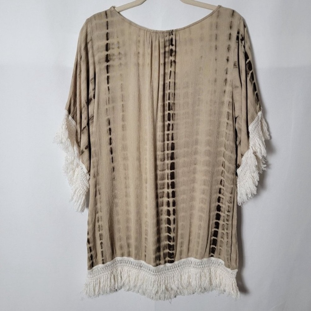Umgee Tan Black Tie Dye Boho Crochet Tasseled Hems Pleated Flowy Blouse Top L